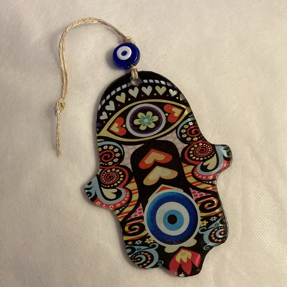 NWOT - Watchful Evil Eye Glass Hamsa Hand Wall Hanging & Round Blue Bead*